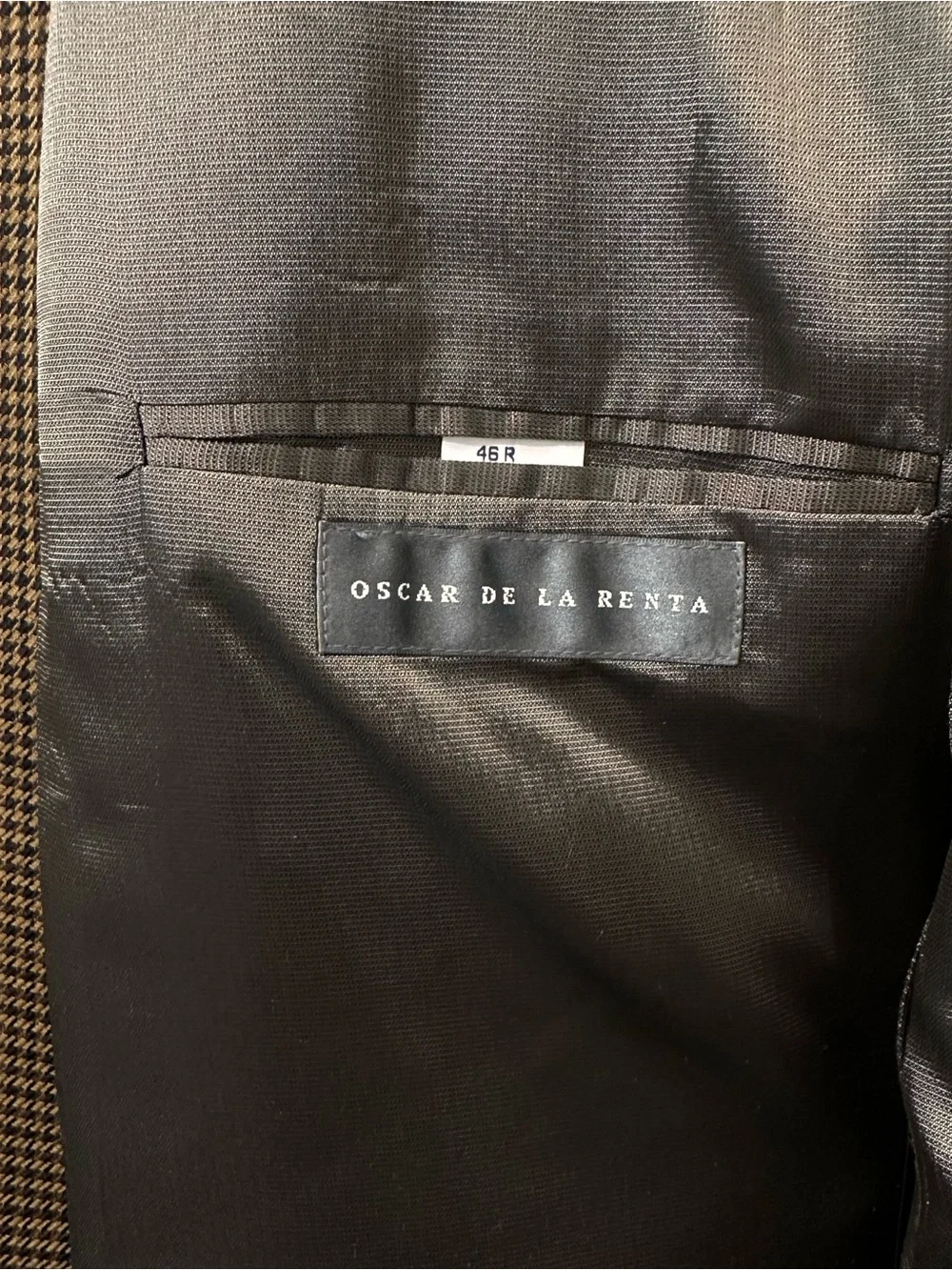 OSCAR DE LA RENTA MENS BLAZER SZ 48 BROWN HOUNDSTOOTH CHECK SPORT COAT JACKET